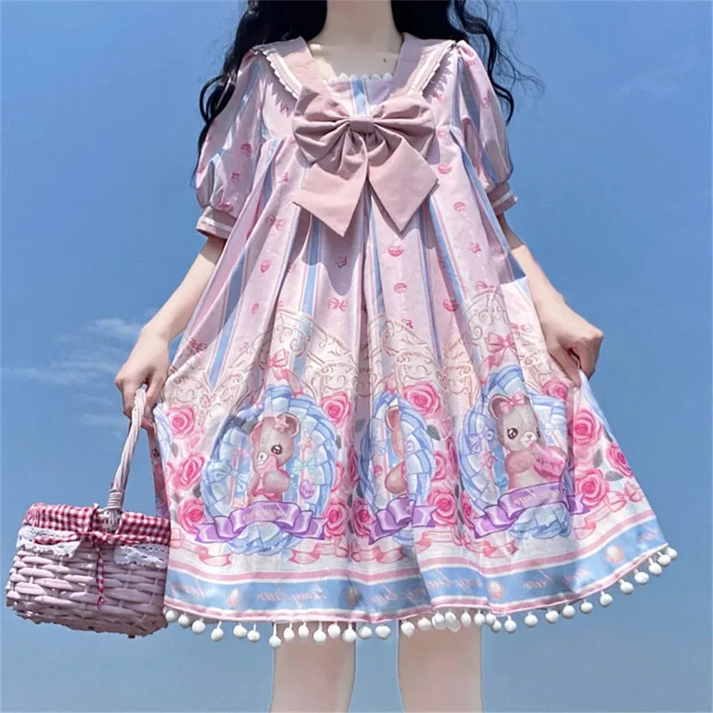 

Navy Girls Peter Pan Collar Bowknot Sweet Small Bear Printing Lolita Dress Princess White Plush Ball Tassel Cosplay Lolita O