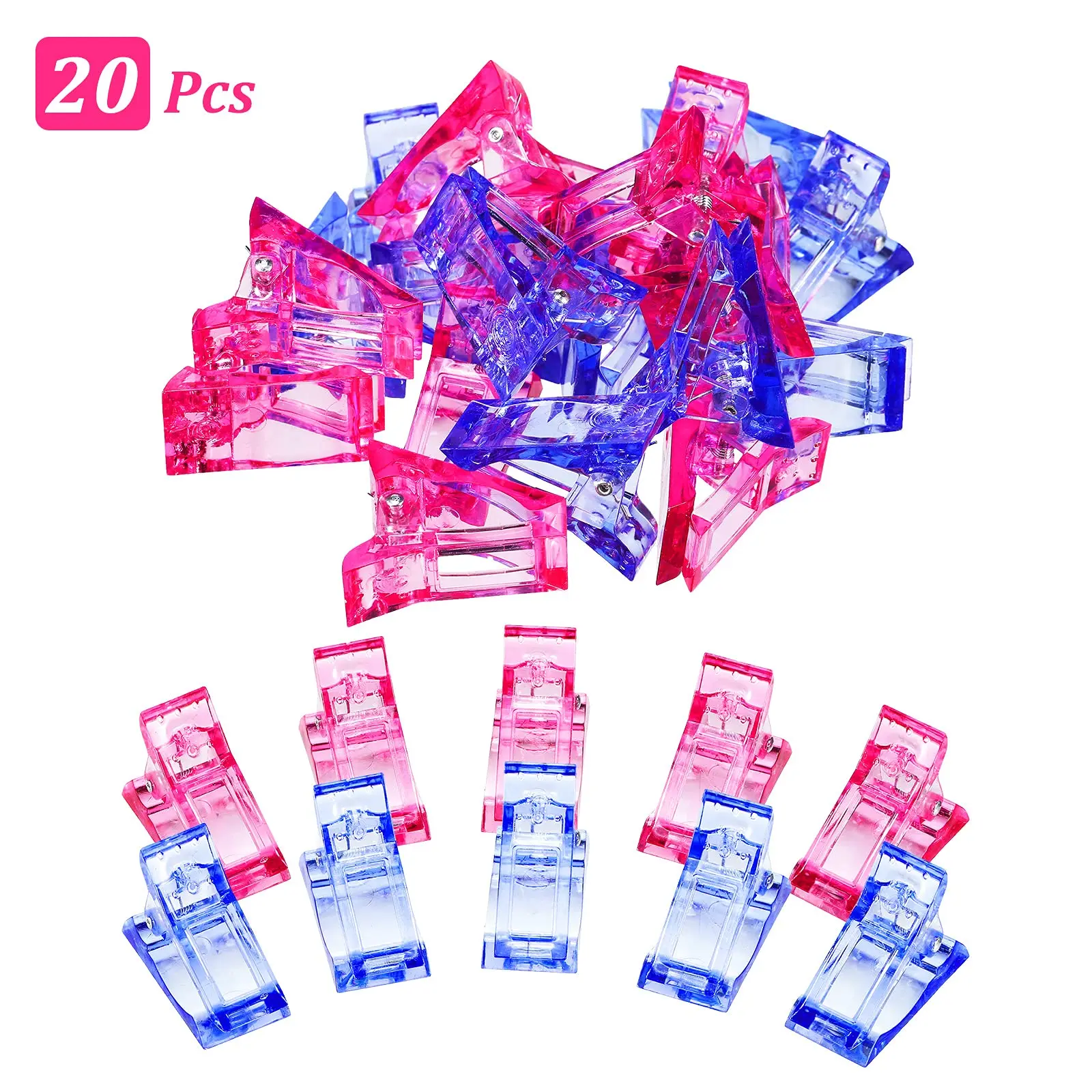 

20 PCS Nail Tips Clip for Nail ExtensionTransparent Nail Gel Quick Building Set Plastic Nail Clips for Gel Finger Pink, Blue