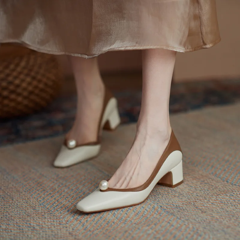 

Женские туфли на толстом каблуке, элегантные туфли на высоком каблуке, с жемчужинами, в французском стиле ретро, весна