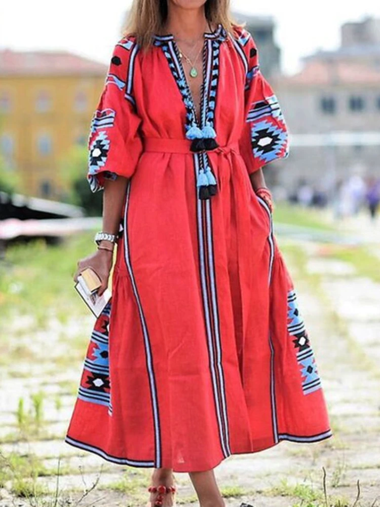 

Модное платье со шнуровкой и принтом, сексуальное свободное вечерние средней длины с глубоким V-образным вырезом и карманами, с длинным рука...