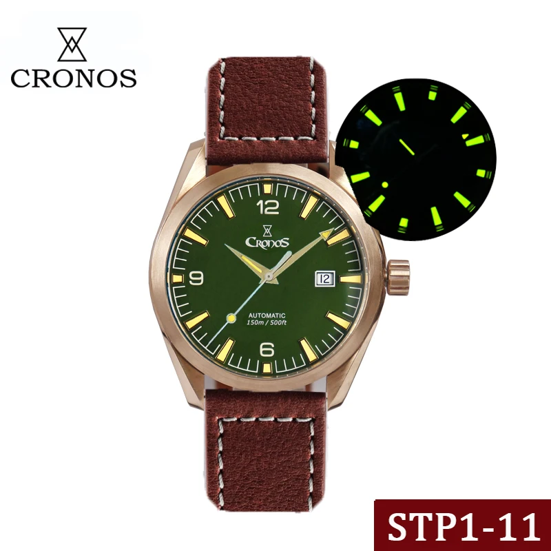 

Мужские часы CRONOS CuSn8 с бронзовым ремешком, мужские механические наручные часы с сапфировым стеклом, мужские спортивные водонепроницаемые ч...
