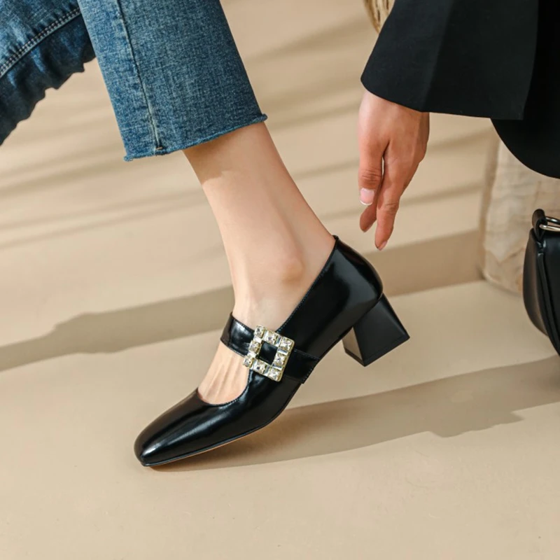 

2022 Spring/Autumn Women Shoes Square Toe Chunky Heel Mary Janes Shoes New Genuine Leather Women Pumps Concise High Heels Shoes