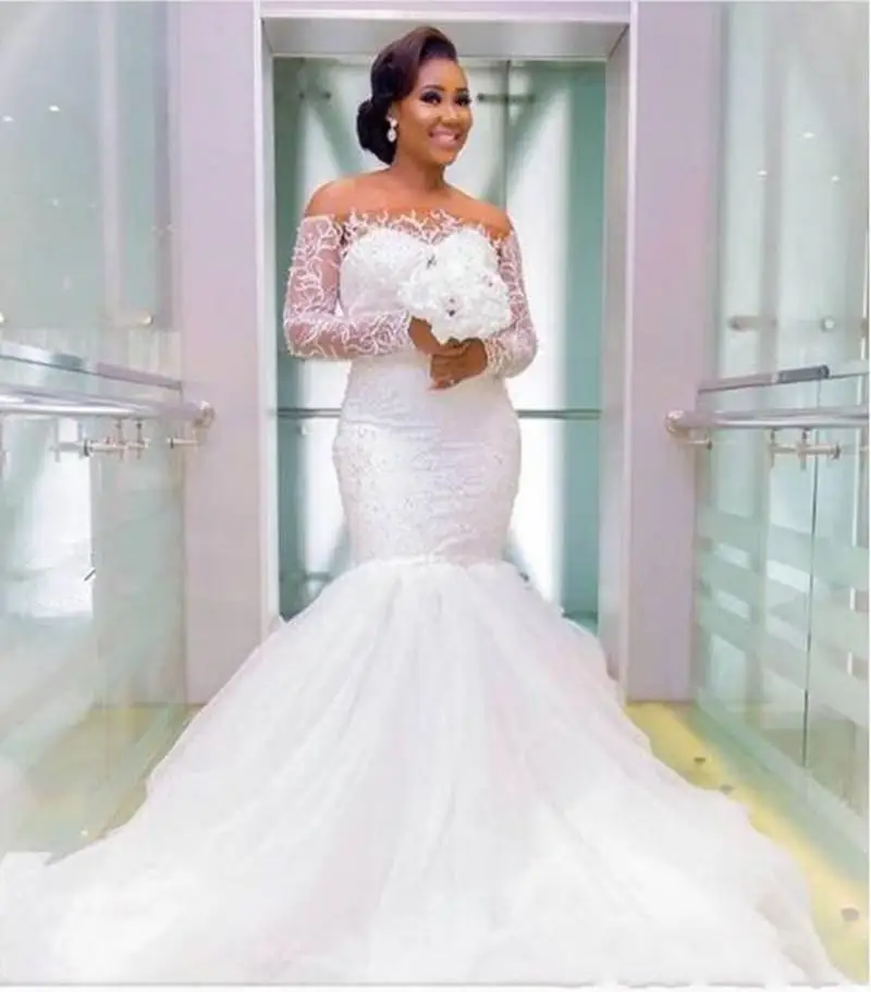 

African Mermaid Wedding Dress Luxury Lace Off the Shoulder Beaded Tulle Sweep Train Wedding Gown Sexy Covered Button Bridal