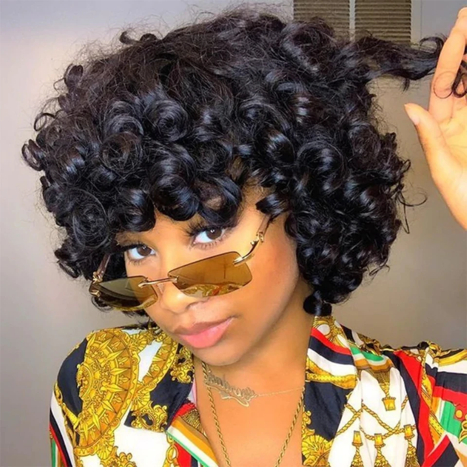 Funmi Human Hair Wig With Bangs Full Machine Made Short Rose Curly Human Hair Wig For Women Bouncy Curly Brazilian Pixie Cut Wig