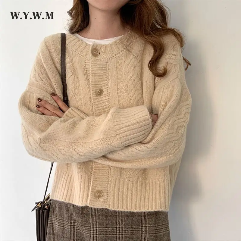 

WYWM 2021 Autumn Winter Knitted Cardigans Sweater Women Korean Vintage Solid Long Sleeve Coat Ladies Loose Lazy Oaf Female Tops