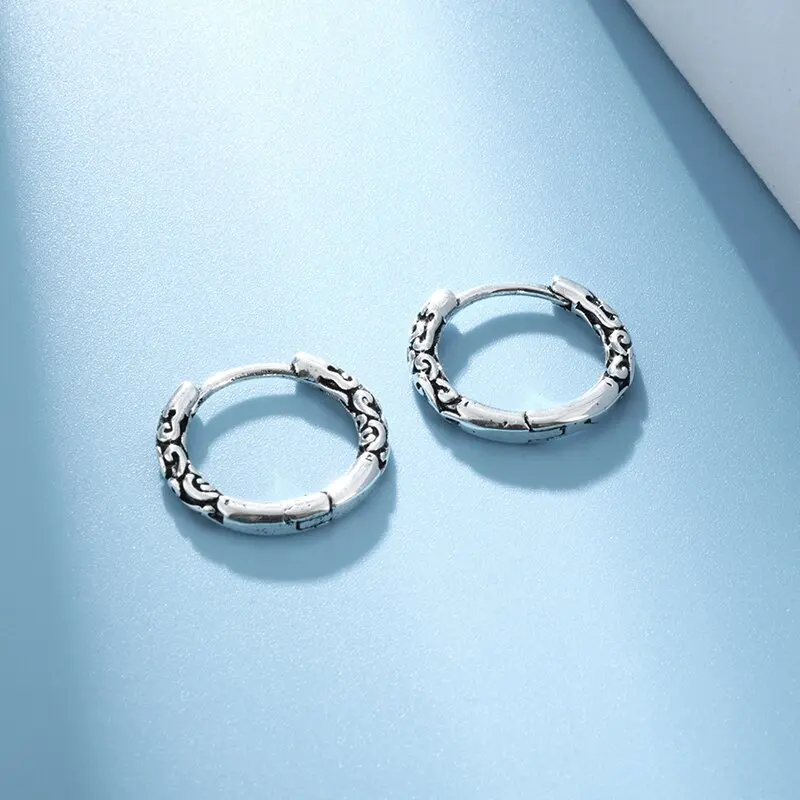 

Classic Punk Carved Flower Pattern Earrings Gothic Hip Hop Men's Hoop Earrings Locomotive Domineering Rock Party Jewelry