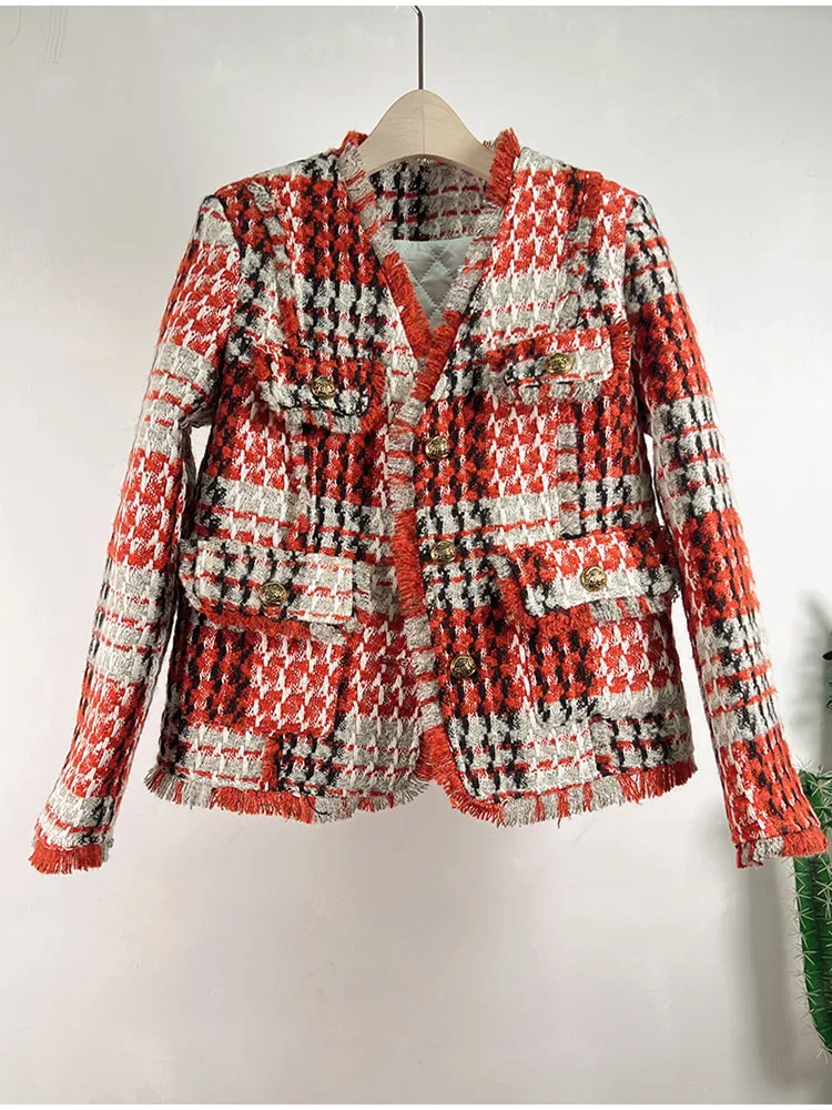 

DALMAZZO New Winter Vintage Add Cotton Woven Tweed Woolen Short Jacket Women V Neck Small Fragrance Tassel Outerwear French Coat