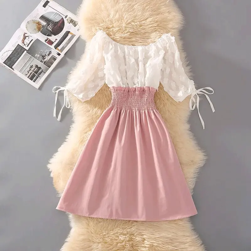 

Autumn wear new net red skirt waist slim sweet shoulder round neck two wear shoulder A- line skirt