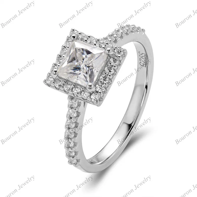 

Engagement Halo Pave Ring Princess Moissanite Gemstone 925 Sterling Silver Pass Diamond Test