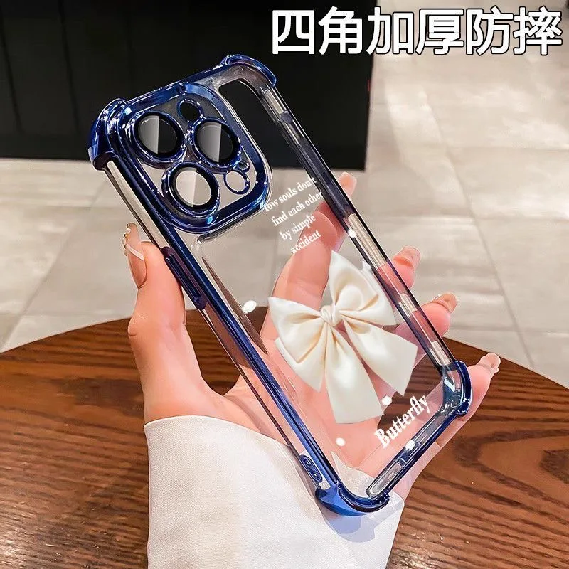 INS Simple White Bow Plating Case For Xiaomi 14 14Pro 13 13Pro Poco F4 F5 X5 X3 4G 5G Shockproof Anti-Fall Armor Cover