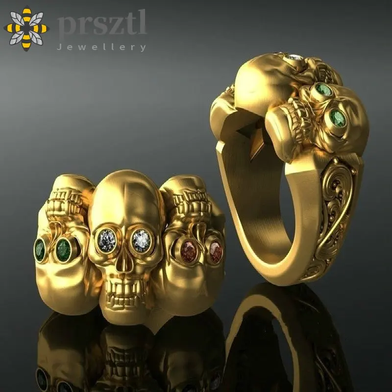 

Punk Retro 18K Gold Hollow Black Double-sided Human Skull Diamond Ring for Men Skeleton Shaped Halloween Party Jewelry Gothic
