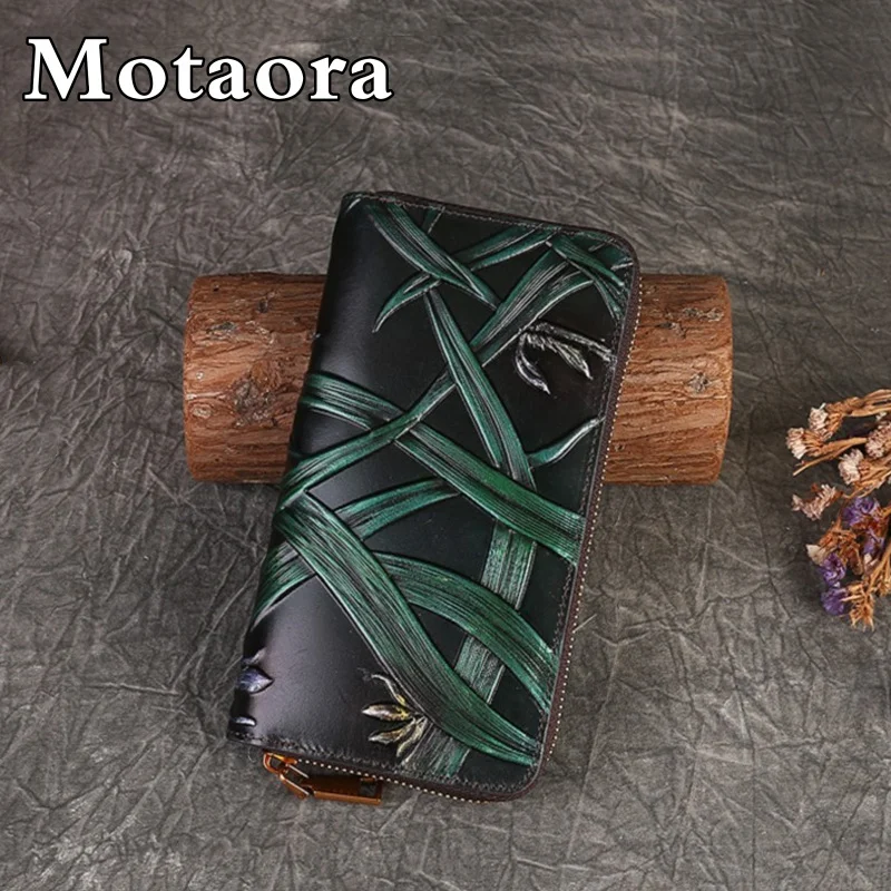MOTAORA женский кошелек, новинка 2023, винтажный, ручная работа, тисненая натуральная кожа, кошельки для карт, держатель для женщин, Воловья кожа, Длинные кошельки, сумка