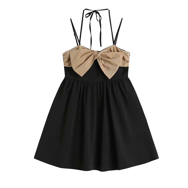 

Spaghetti Women Strap 2022 Summer Fashion Korean Chic Egant Sweet Sexy Bowknot Black Audrey Hepburn Suspender Mini Dress