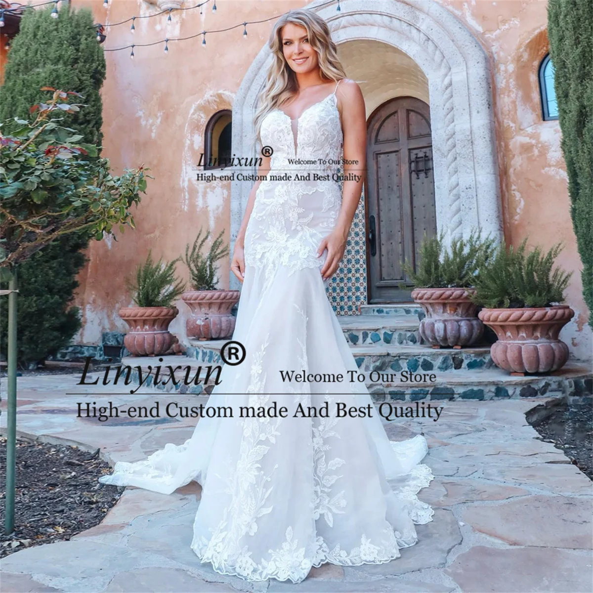 

Женское кружевное свадебное платье It's yiiya, белое платье с юбкой годе, аппликацией, V-образным вырезом и открытой спиной на лето