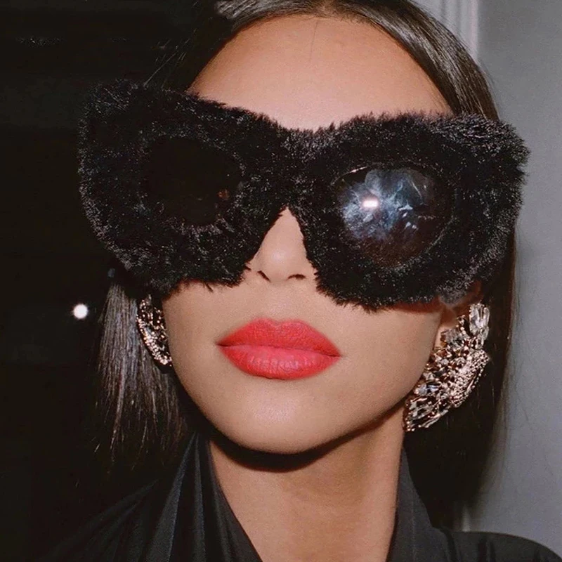 

Punk Cat Eye Kardashan Sunglasses Women Trendy Soft Fur Velvet Sun Glasses Ladies UV400 Shades Handmade Eyewear Gafas De Sol