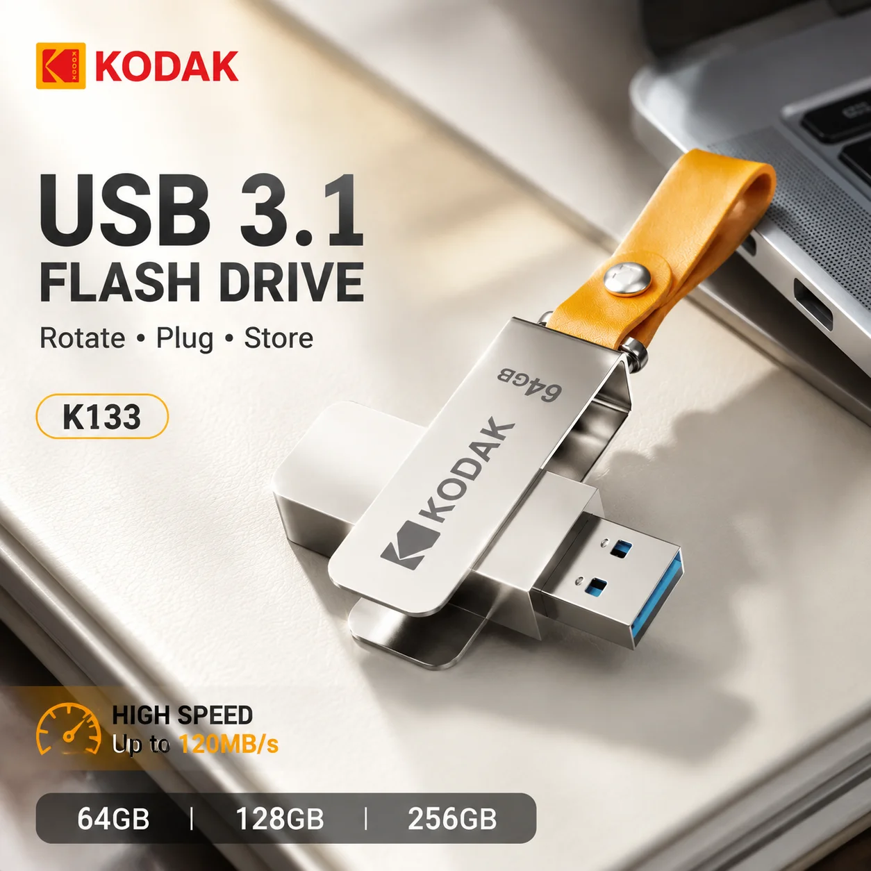 Фото Флеш-накопитель KODAK K133 USB 3.1, 64 ГБ, 128 ГБ, 256 ГБ, металлический поворотный USB-накопитель, высокоскоростная флешка с кожаным брелоком для ПК и ноутбуков. №2