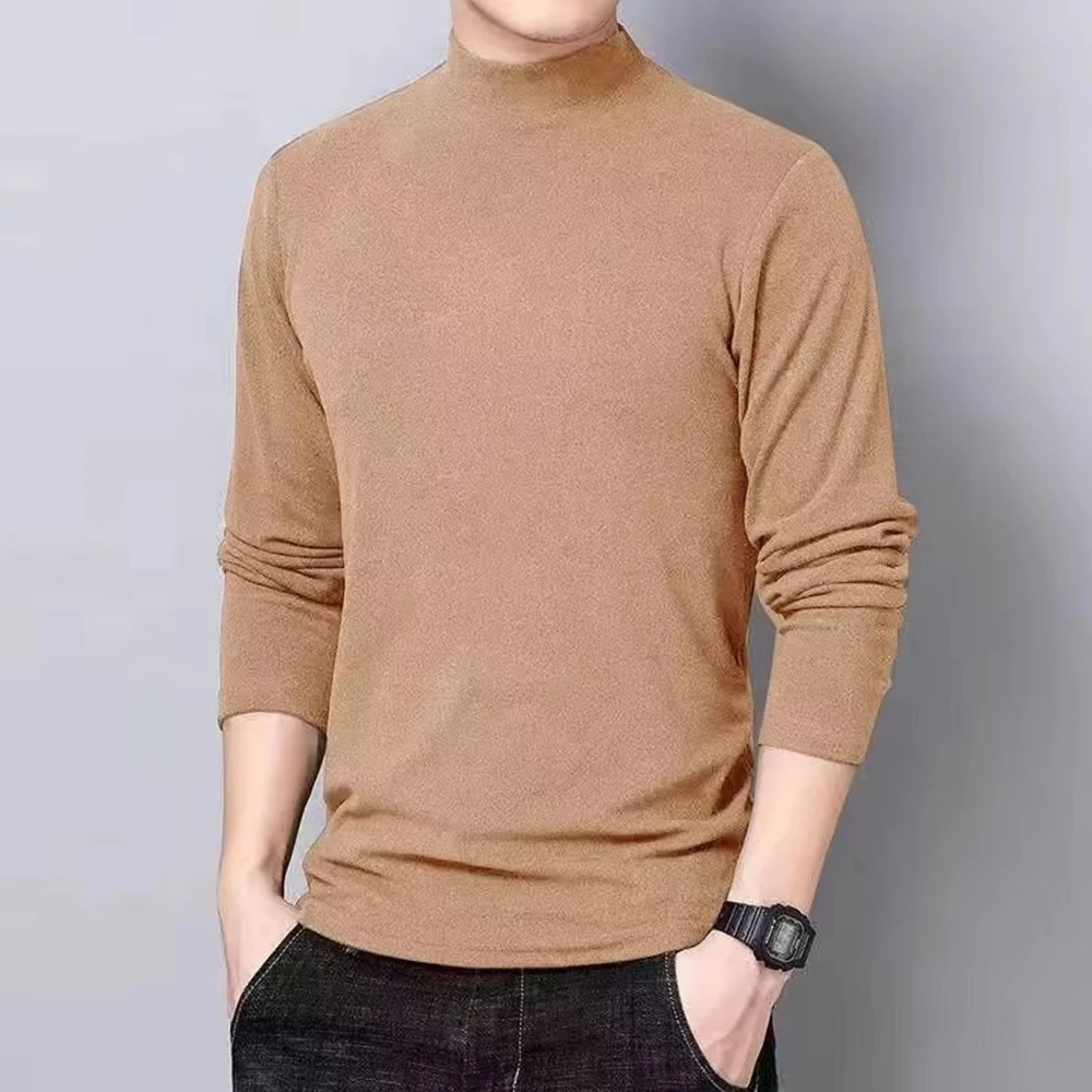 Men Half Turtleneck Thermal Shirt Solid Color Elastic Double Sided Fleece Top Solid Long Sleeved Self-heating Bottoming Shirt