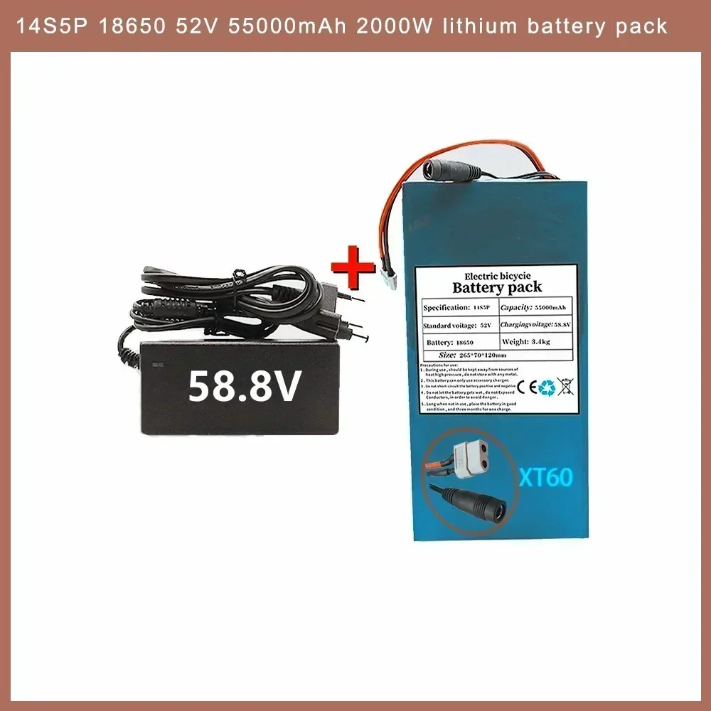 14S5P 18650 52V 55000mAh 2000W lithium battery pack for balance car electric bicycle scooter tricycle with BMS 58.8V 2A charger