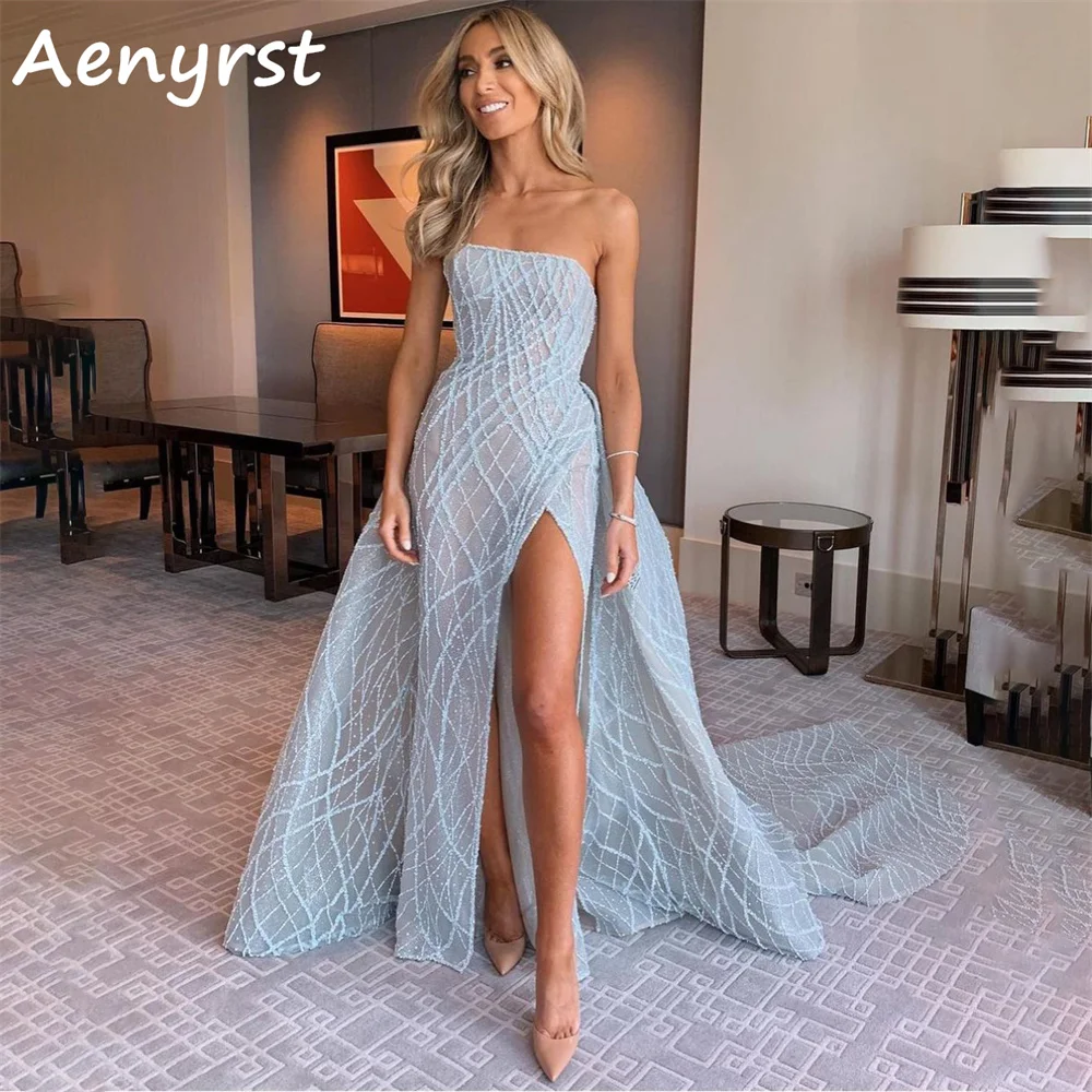 

Aenyrst Elegant Strapless A Line Evening Dresses Sequined Side High Split Prom Gowns Court Train Party Dress Custom Made 2024