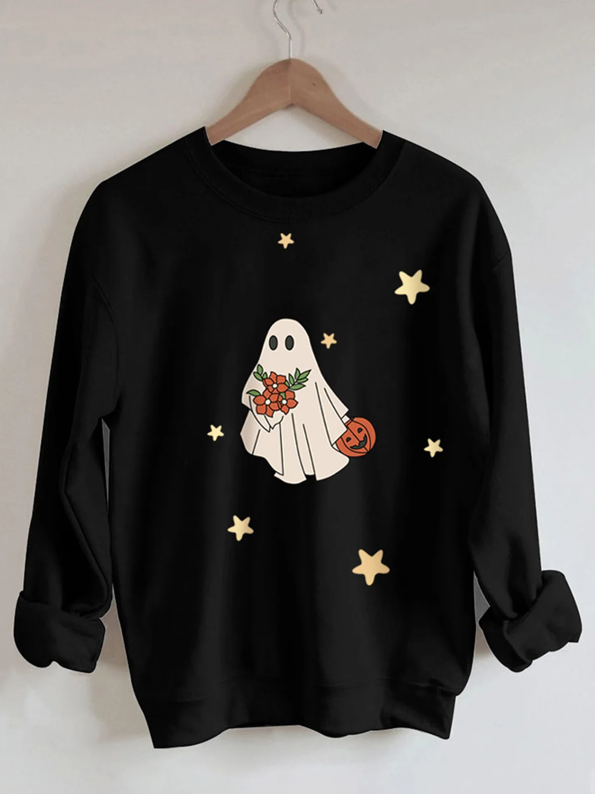 

Осень-зима 2023, свитшот на Хэллоуин с изображением тыквы, призрака, звезды, теплый повседневный пуловер с круглым вырезом, черные однотонные Топы для женщин