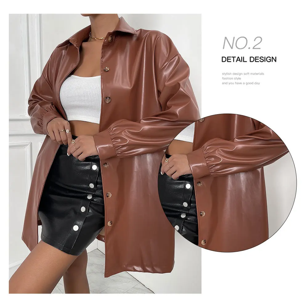 Women's Jacket Leather Spring and Autumn Women's Leather Coat Solid Color Motorcycle Pu Coat Top Blouse Brown Color Top