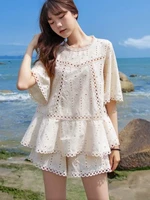 small fragrance 2022 summer new korean fashion casual 2 piece set women top shorts suits loose beach vacation two piece sets