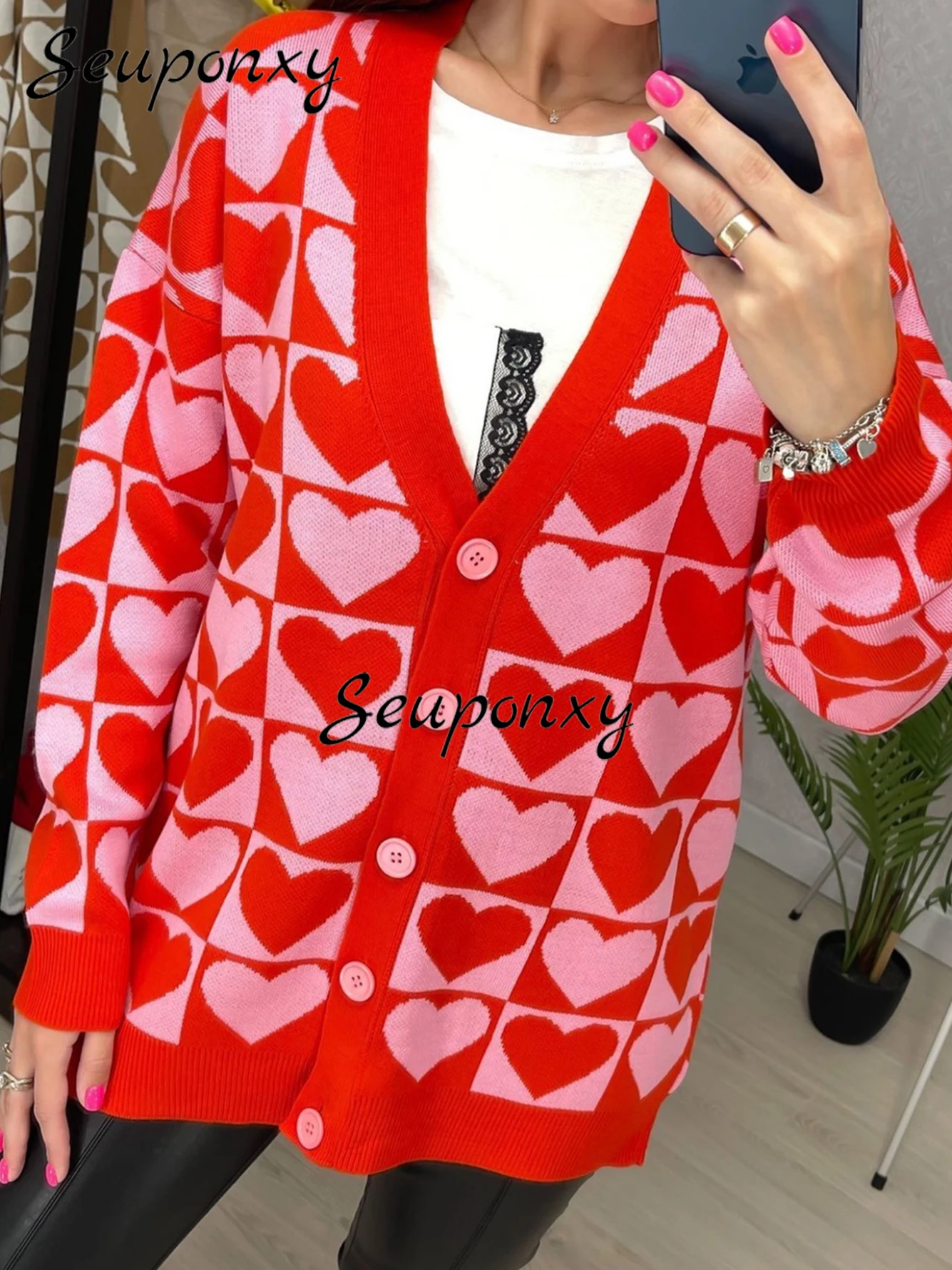 

High Quality Women Summer Fashion Knit Cardigan 2022 New Sexy V Neck Long Sleeve Single Breasted Love Plaid Casual Sweater