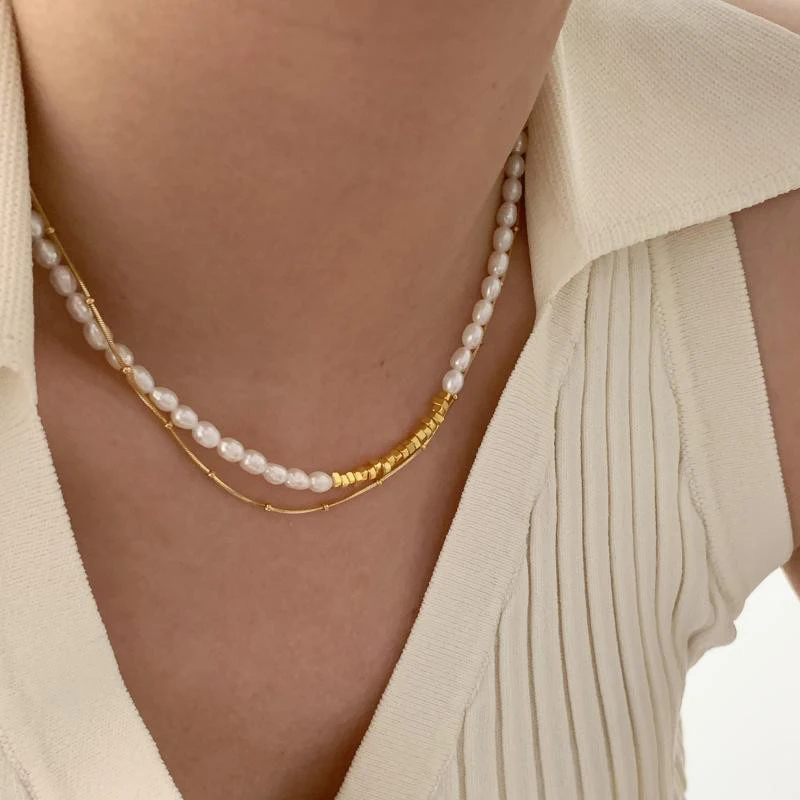 

Real pearl nugget chain necklace for women irregular gold beads necklace dainty minimalist summer jewelry