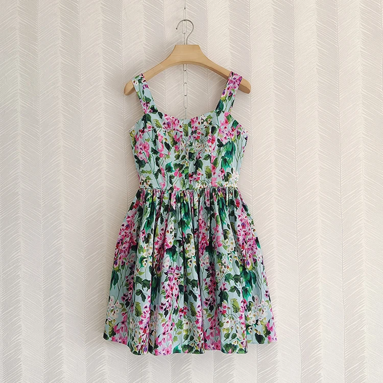

Summer 100% Cotton Women Mini Dress Women Spaghetti Strap Floral Print Party Camisole Dresses Fashion Runway Clothes
