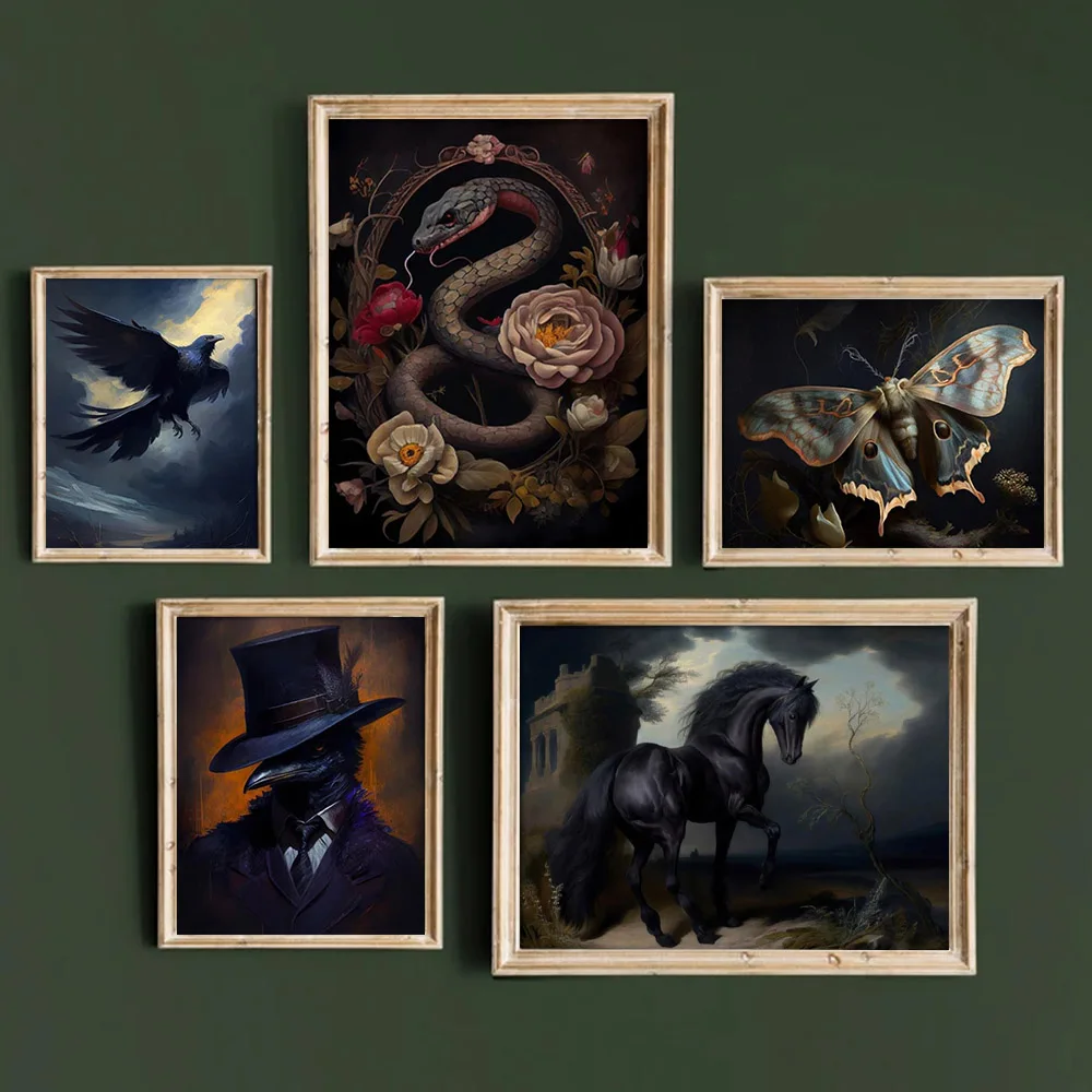 Художественный Ворон темная академия летучая мышь лягушка Бабочка постер принты