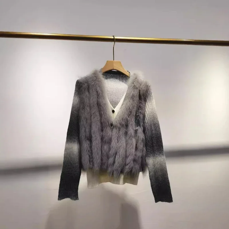 Женский вязаный кардиган из натурального Лисьего меха демисезонный оверсайз с