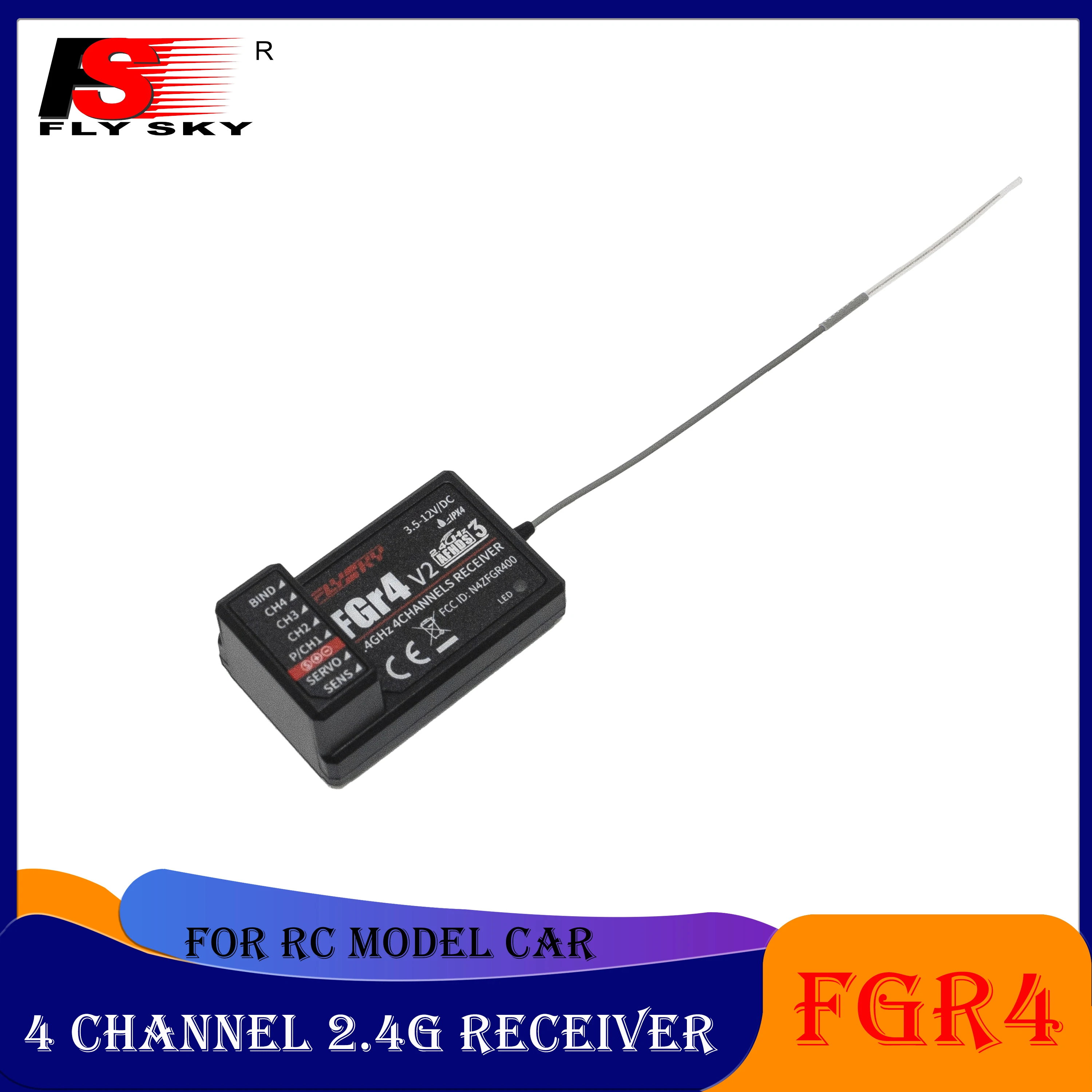 

FLYSKY FGr4 4 Channel Receiver 3.5-12V 2.4G Single Antenna AFHDS3 for RC Model Car Transmitter Remote Control Part Accessories