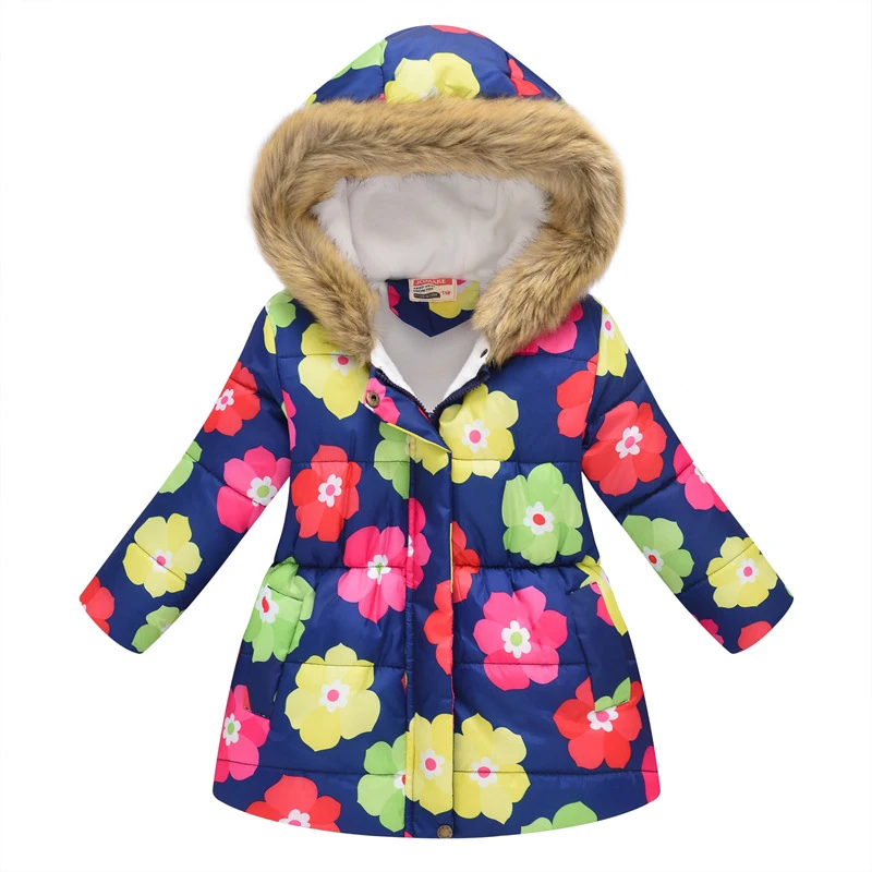 Winter Children Clothing Fashion Fur Jacket Floral Print Girls Warm Hooded Thick Cotton-Padded Long Coats Fur Toddler Clothes