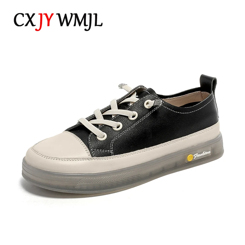 

CXJYWMJL Cowhide Retro Sneakers for Women Spring Summer Round toe Casual Vulcanized Shoe Genuine Leather Flats Small White Shoes