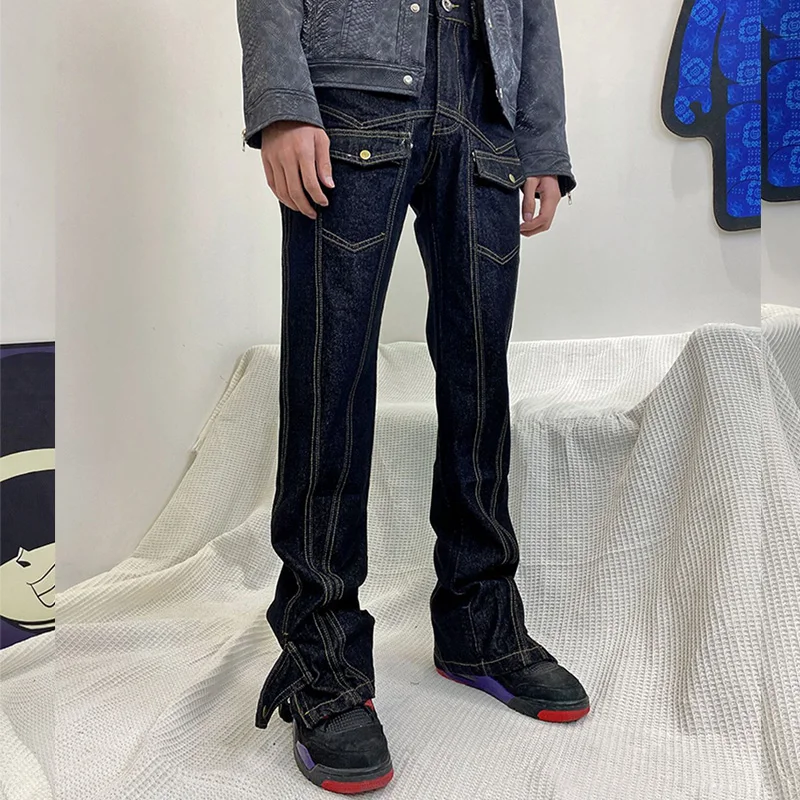 Mens Jeans High Street Zipper Hiphop Slim Retro Light Blue Denim Pants Men and Women Trend Full Length Trousers