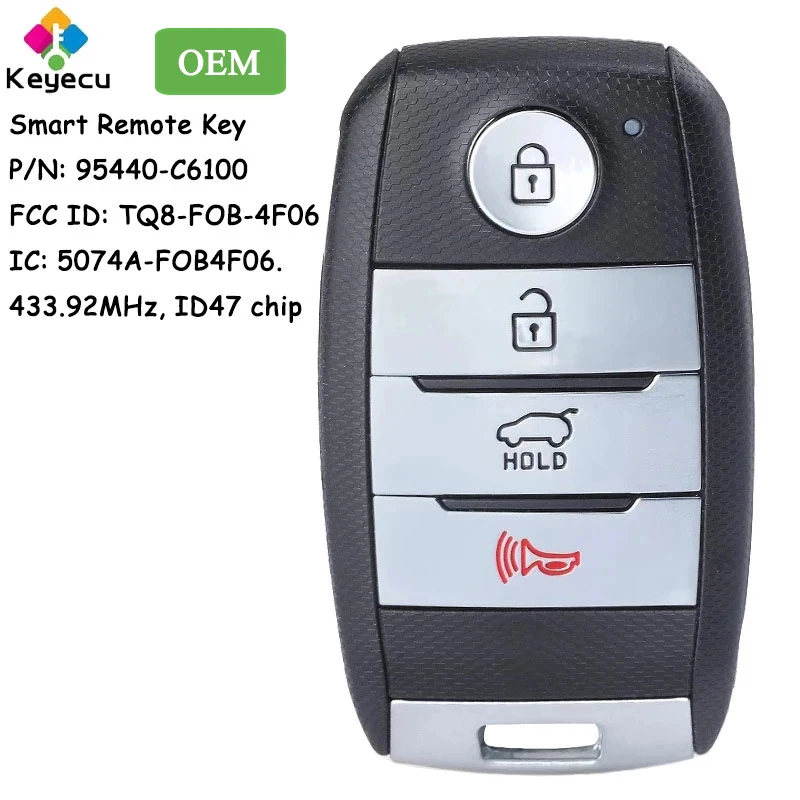 

KEYECU OEM Keyless-Go Smart Remote Key With 4 Buttons 433.92MHz ID47 Chip for Kia Sorento 2019 2020 Fob 95440-C6100 TQ8-FOB-4F06