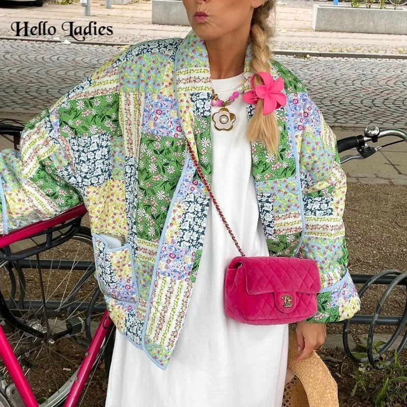 

HL NEW Green Floral Print Cotton Cropped Jacket Coat Long Sleeve Women's Commuter Cardigan Bomber Jackets Fall Winter Chic Coats