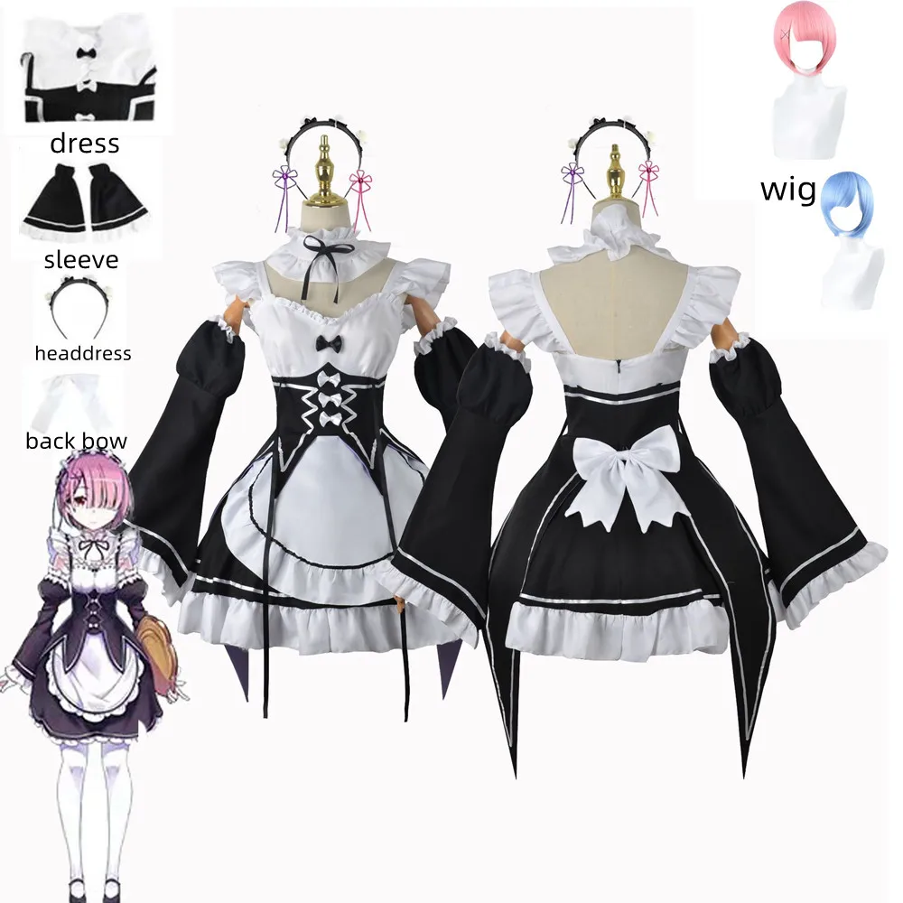 

Костюм Аниме Re Zero Ram Rem для косплея, головной убор, манжета, шпилька, бант на спине, носок для мужчин и женщин, кавайная горничная одежда, костю...