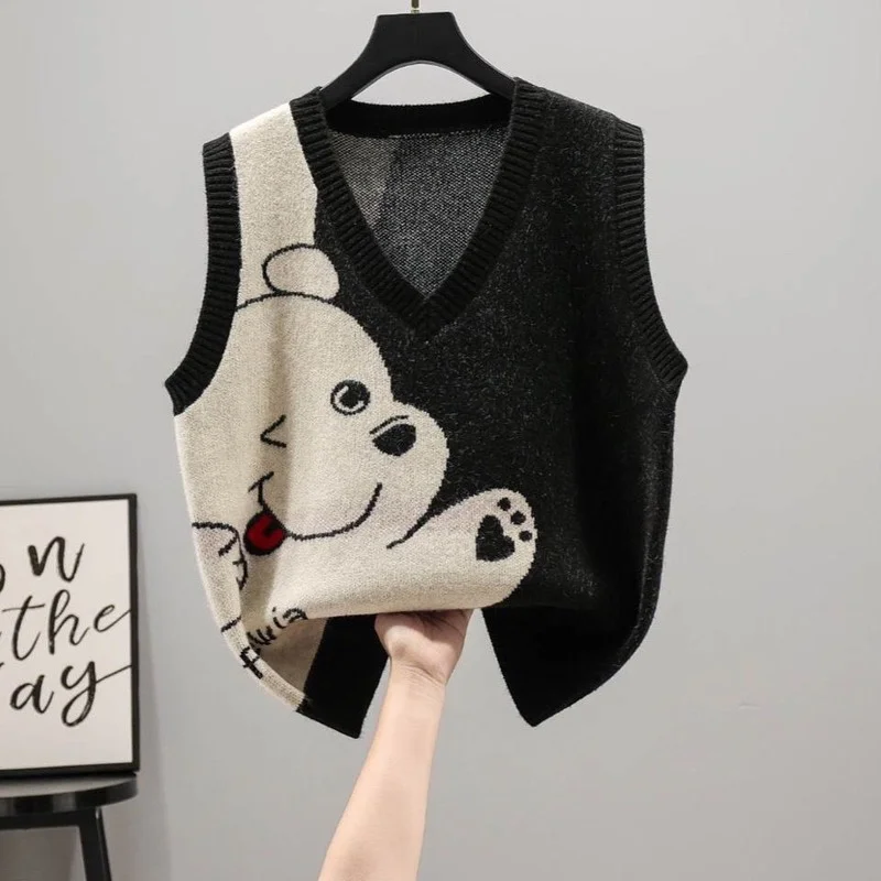 

2022 Spring Autumn Knitted Vest Sweater Pullovers Cartoon Print V Neck Women's Vest Winter Casual Sleeveless Jacket Female X60