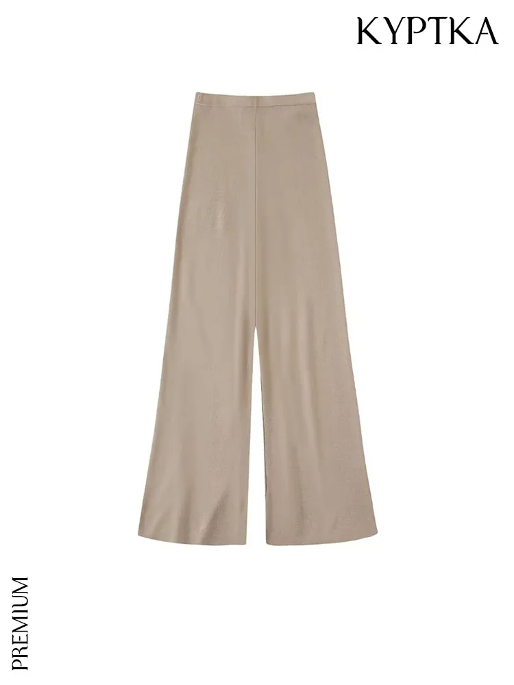 

KYPTKA Women Fashion Solid Knit Wide Leg Pants Vintage High Waist With Elastic Waistband Female Trousers Mujer