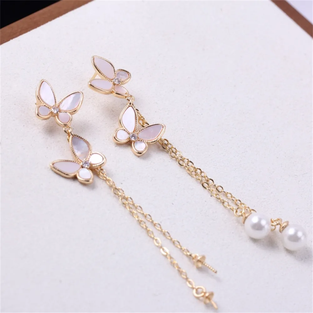 Copper-plated 18K Gold Butterfly Shell Tassel Long Pearl Empty Earrings DIY Temperament S925 Silver Needle Accessories Female