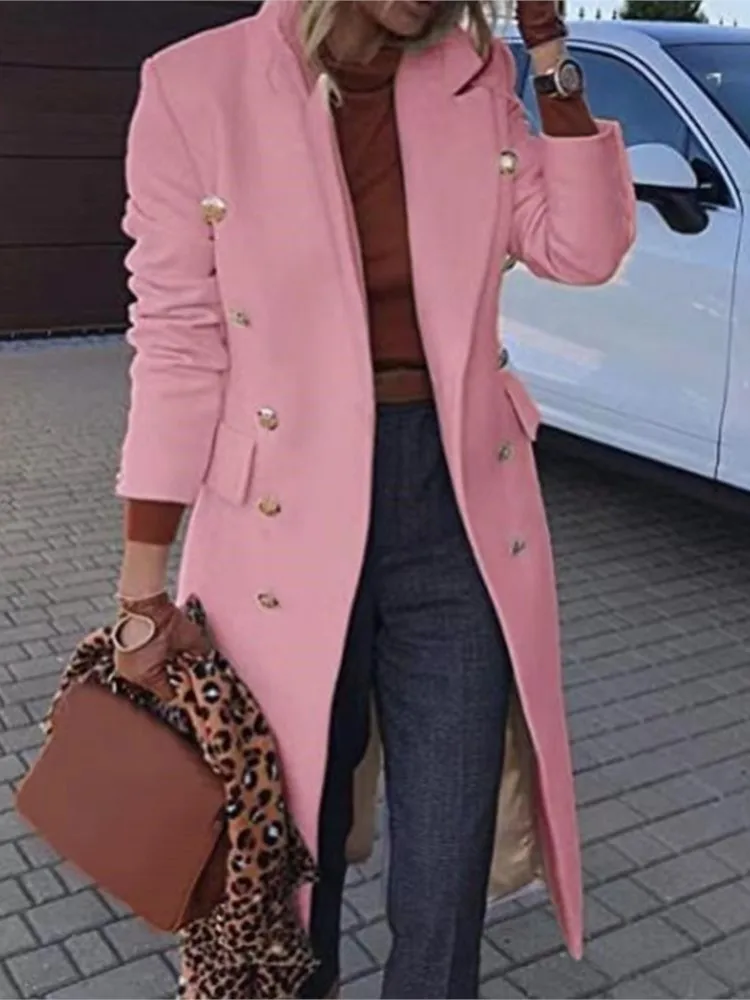 

RDMQ Spring Winter 2023 Women Jackets Lapel Wool Coats Solid Double Breasted Ladies Knee Length Blends Coat Plus Size Overcoat
