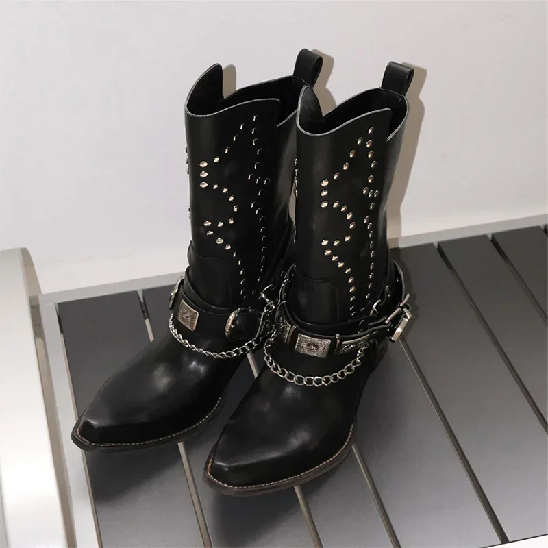 Женские винтажные Ботинки Челси с заклепками на квадратном каблуке