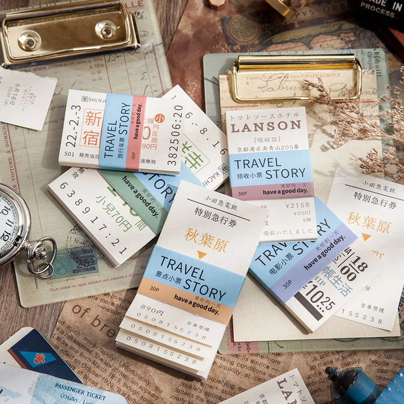 

Yoofun 30pcs/lot Vintage Ticket Travel Story Material Paper Memo Pads for Collage Junk Journal Scrapbooking Planner DIY