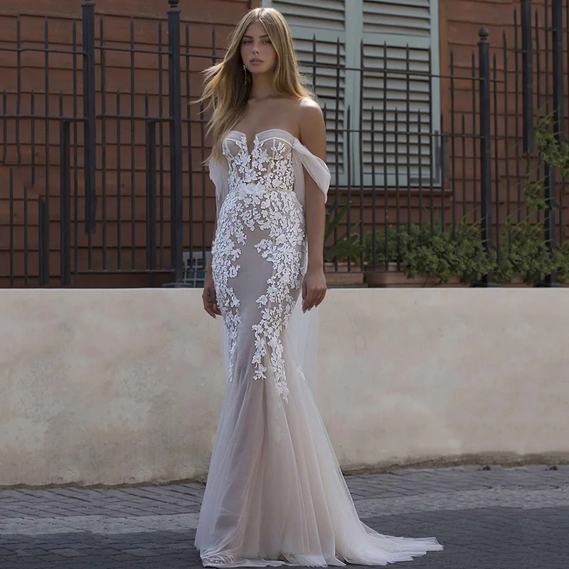 

Charming Boho Wedding Dress Mermaid Scoop Neck Appliques Tea-length Zipper Bridal Gown Custom Made For Women Vestidos De Noiva