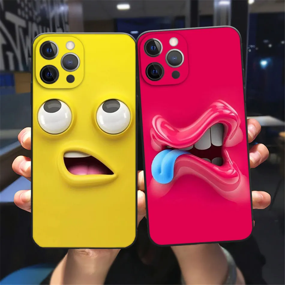

Funny Face Phone Case For iPhone 11 12 13 14 Pro Max X XR XS MAX X 8 7 Plus 13Mini Luxury Black Soft silicone Bumper Back Cover