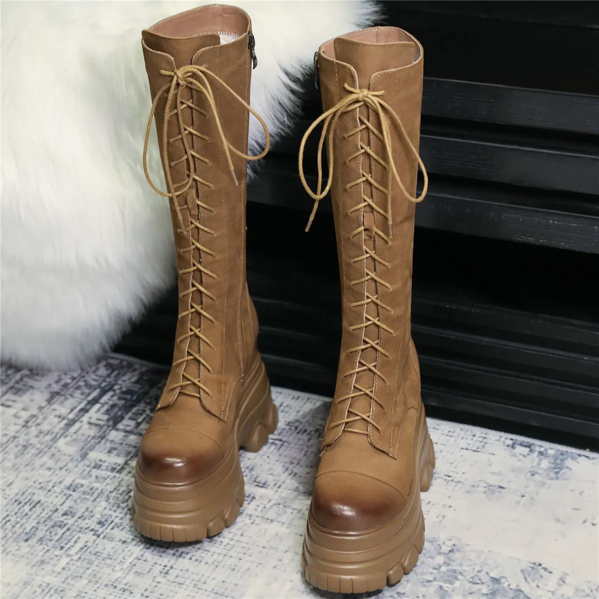 Зимние туфли-лодочки женские туфли на шнуровке из коровьей кожи супер высокие