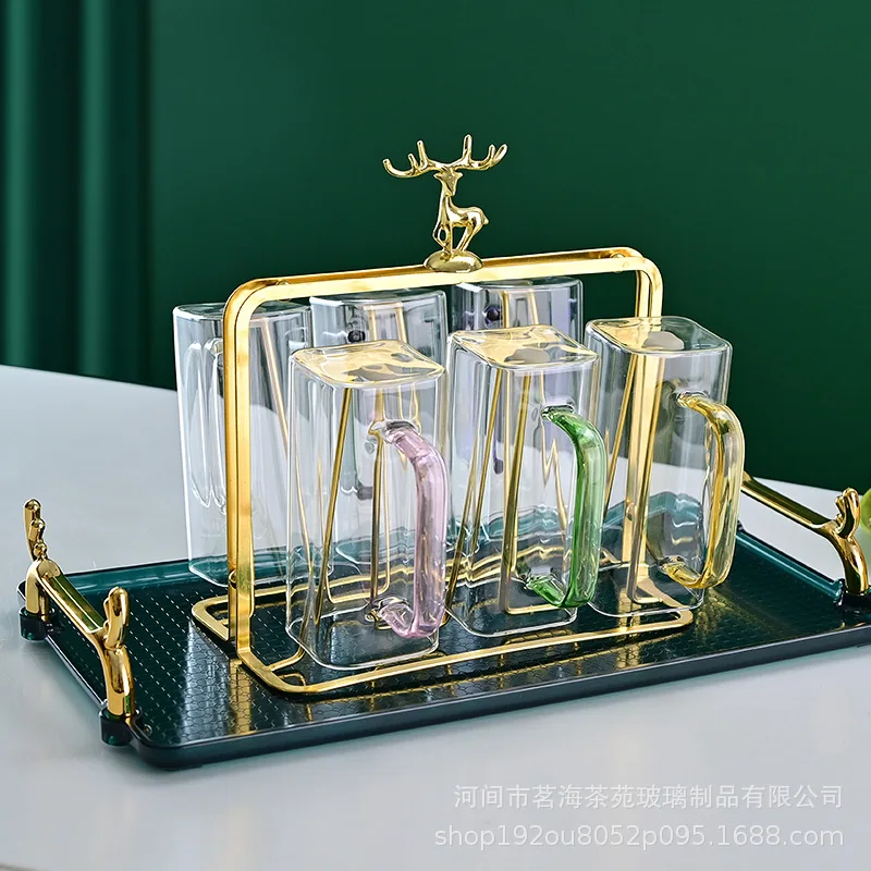 Transparent square glass high temperature green tea cup set household color with handle large capacity bubble tea cups milk cups