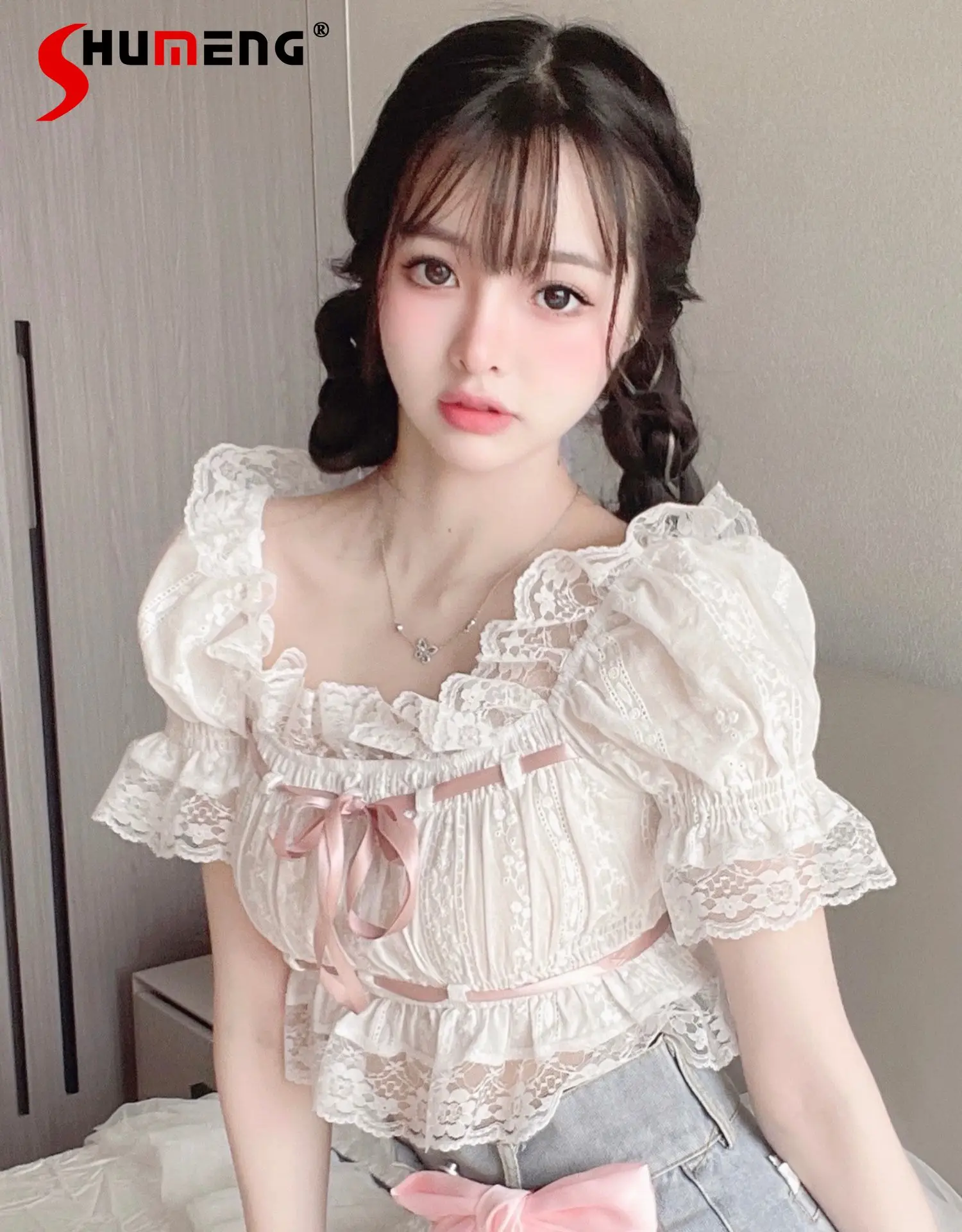 

Lolita Sweet Cute Short Sleeve Doll Shirt Girl Slim Puff Sleeve Lace Ruffled Short Blouse Cropped Top New Summer Camisa Feminina