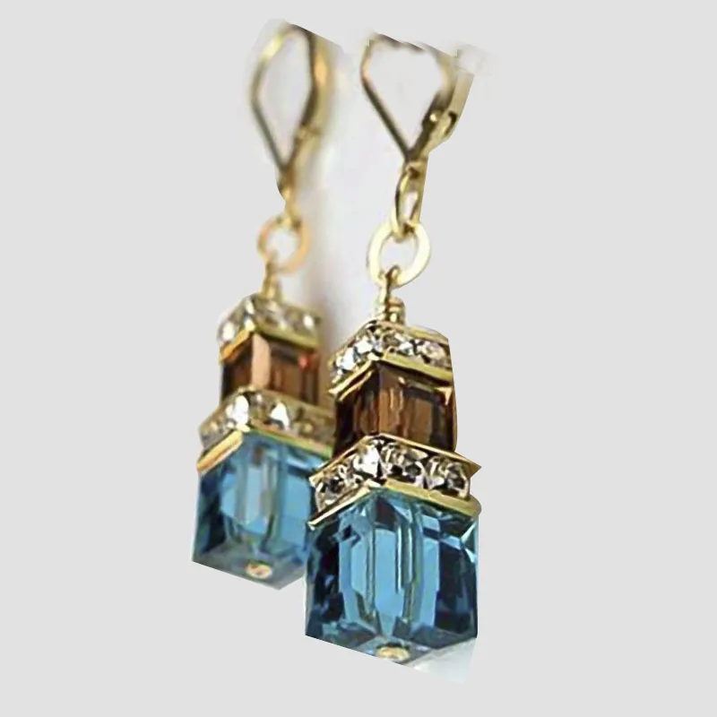 

Blue Square Cubic Crystal Inlaid Pendant Earrings Alloy Female Gold Dangle Earrings For Women Classical Jewelry Accessories